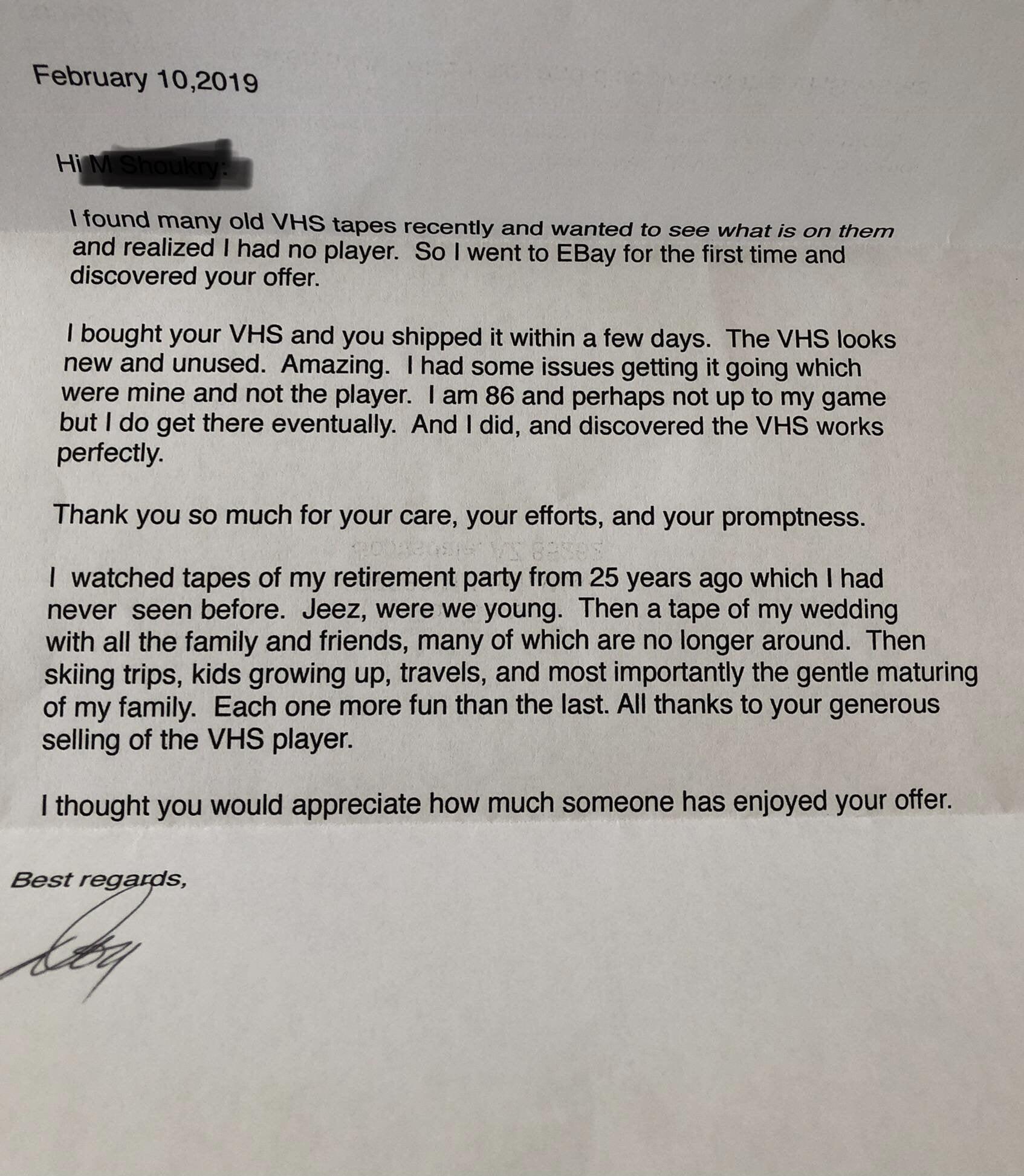 Seller of an old VHS player received this letter in the mail and the amount of wholesome is through the roof