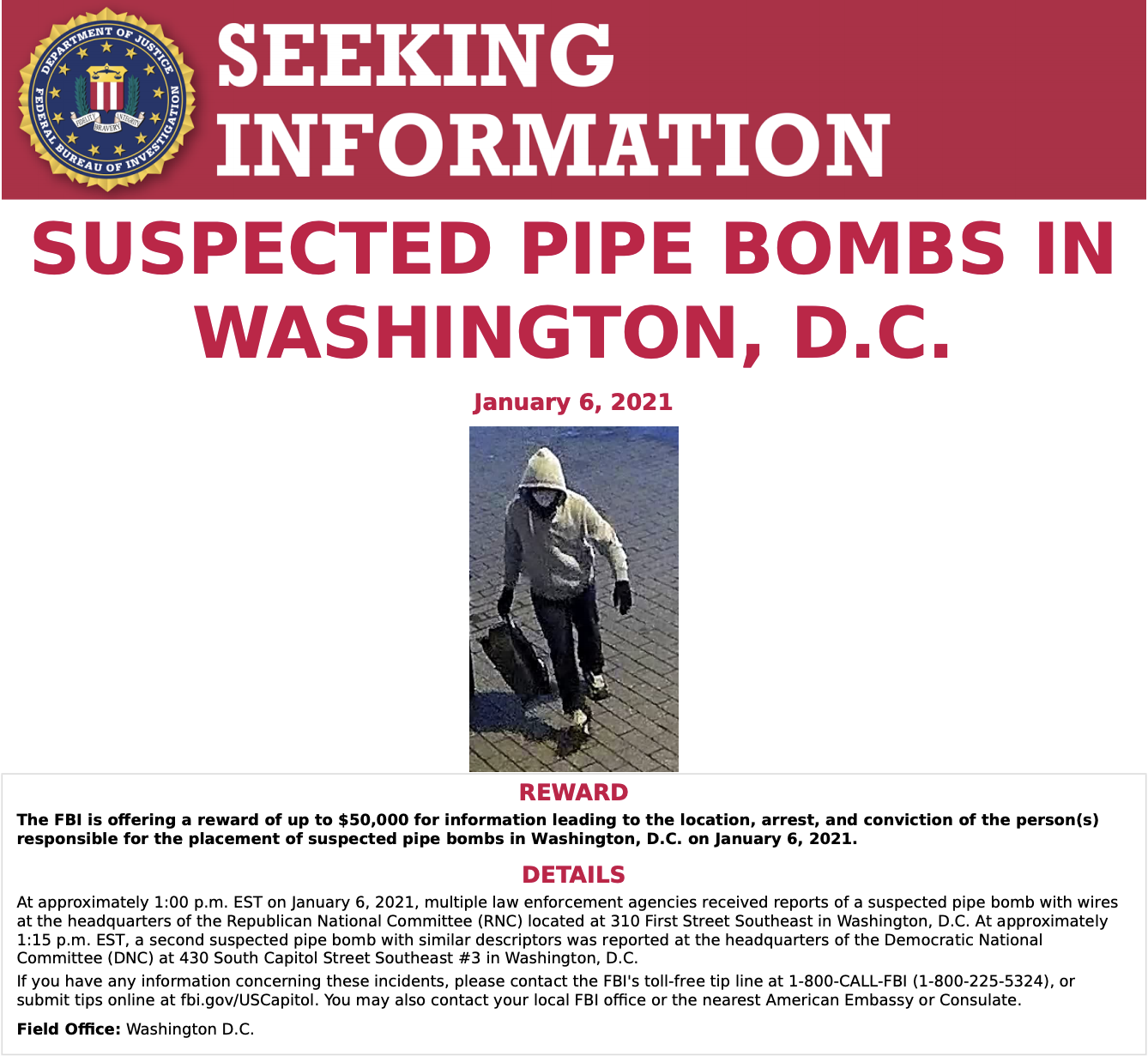 FBI: $50k to track down suspect who planted TWO timed pipebombs in Capital during invasion.