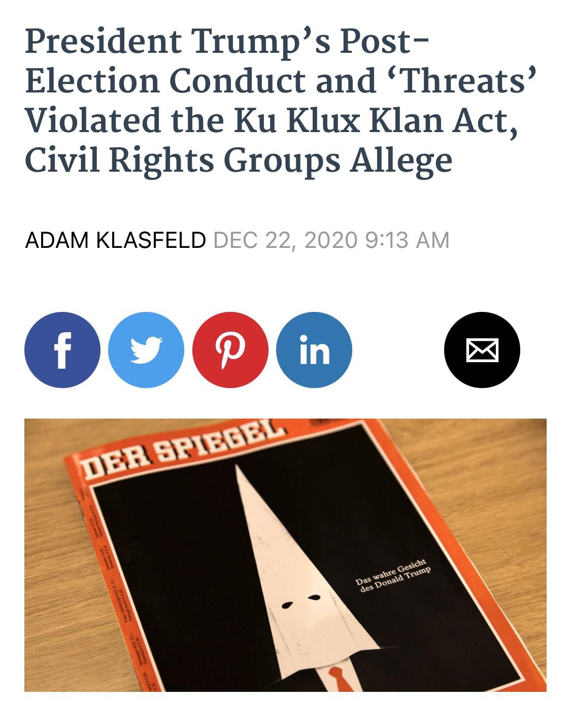 &ldquo;President Trump is accused of violating the Ku Klux Klan Act in an amended complaint joined by the NAACP and pending before Judge Sullivan.&rdquo;