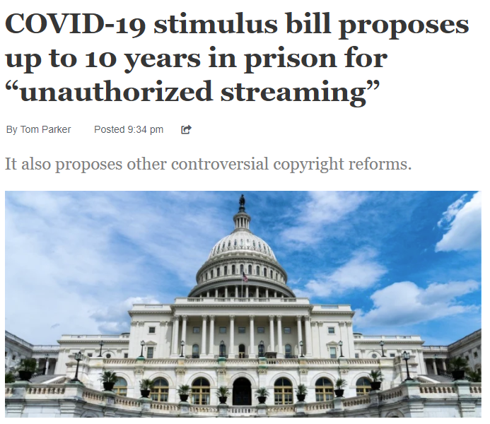 COVID-19 stimulus bill proposes up to 10 years in prison for &ldquo;unauthorized streaming&rdquo;