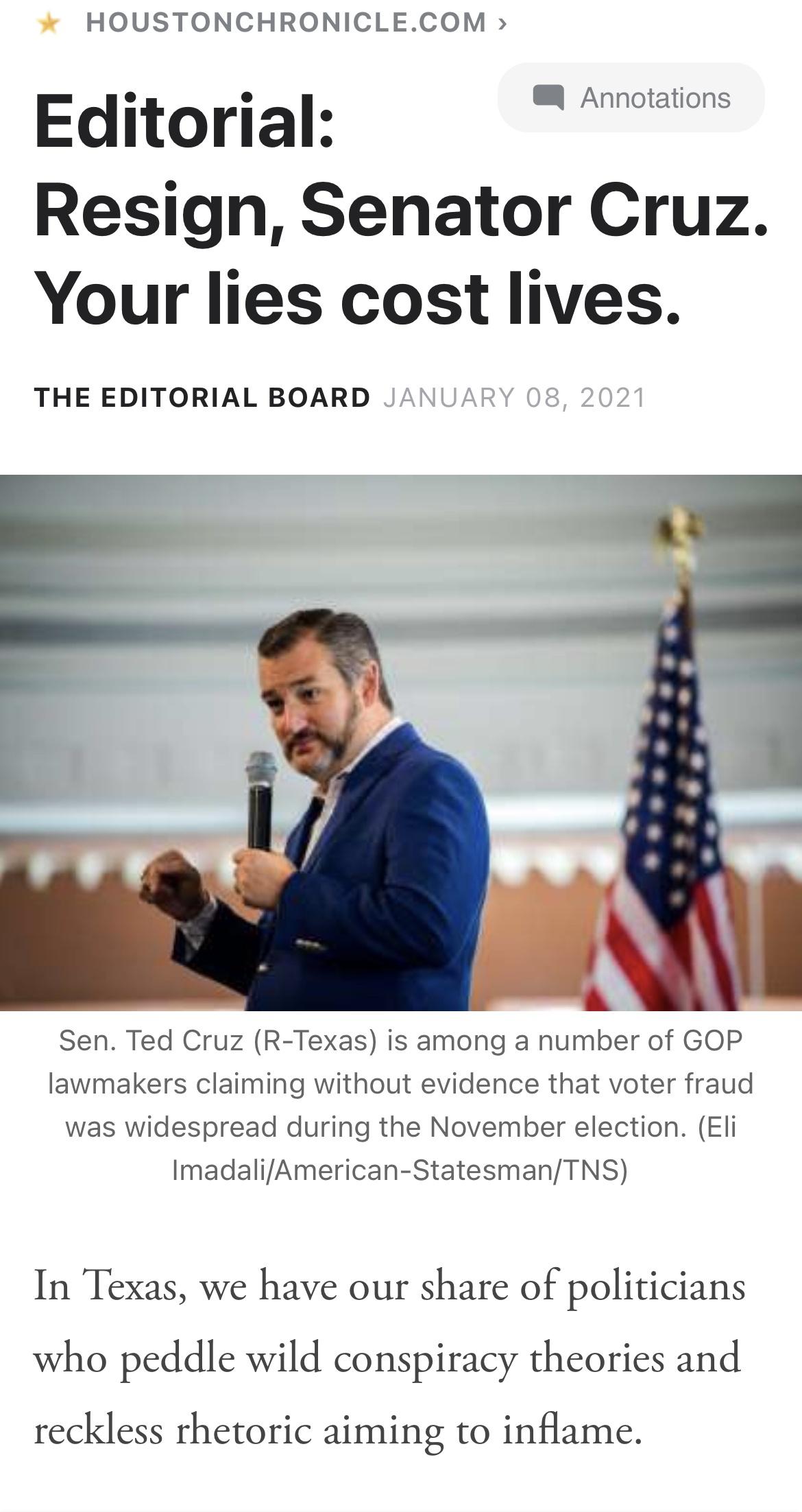 Houston Chronicle demands that Ted Cruz resigns.