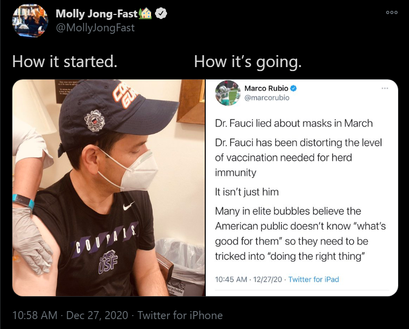 Jesus Christ these fucking hypocrites!&nbsp; He gets his vaccine (near the front of the line - ahead of doctors and nurses) then goes on to trash Fauci!&nbsp;