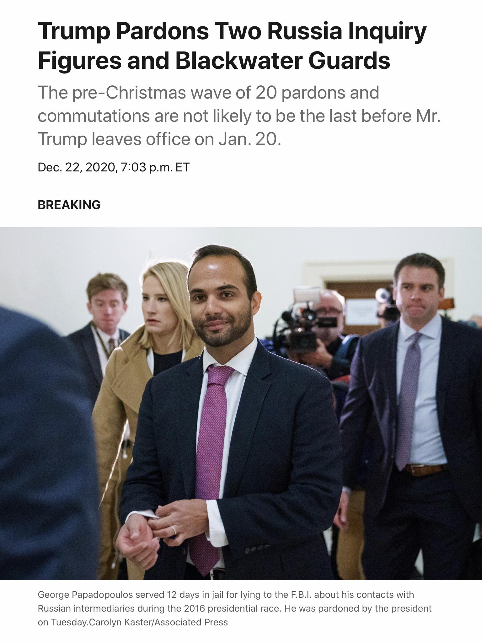 donald trump, president of USA and Russian asset, pardoned a bunch of cronies today. Completely abuses the power to pardon.