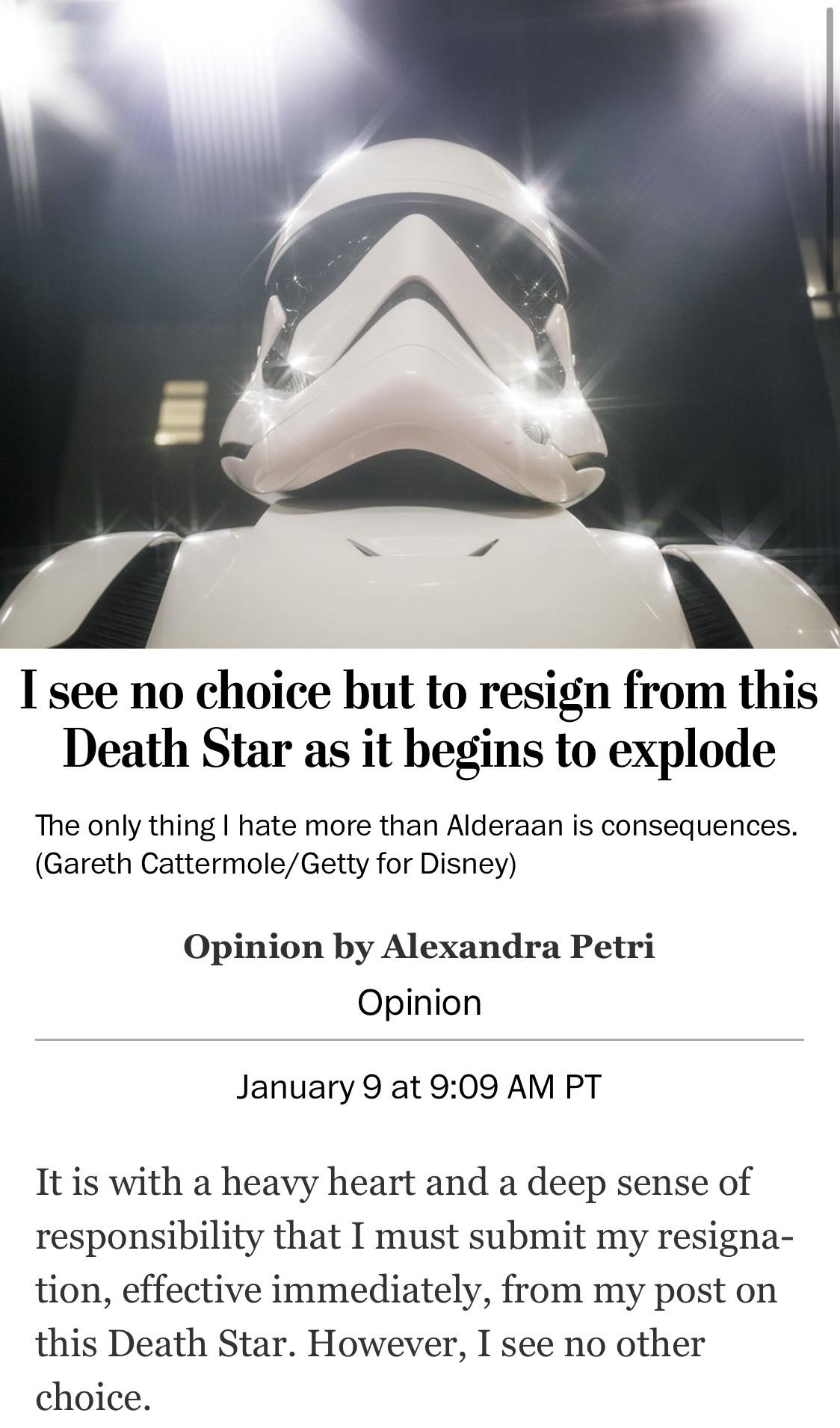 I See No Choice But to Resign From the Death Star