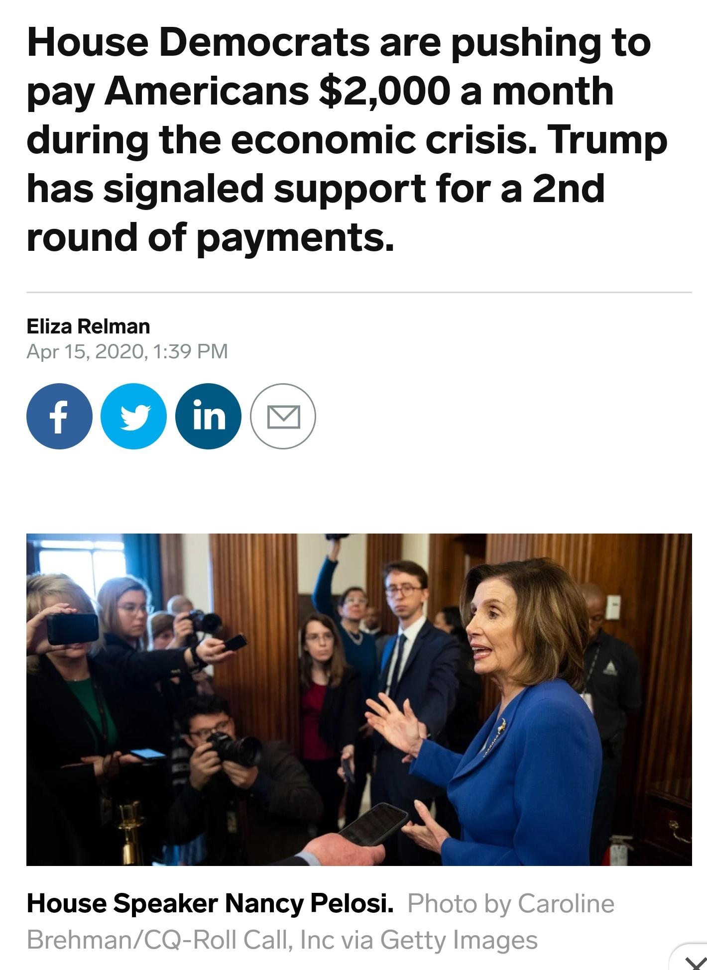 I wonder where Trump got the idea to send $2,000 stimulus?  As soon as Trump suggested it Nancy said "ok lets do it" and went back in with Mitch, who was pissed off. lol