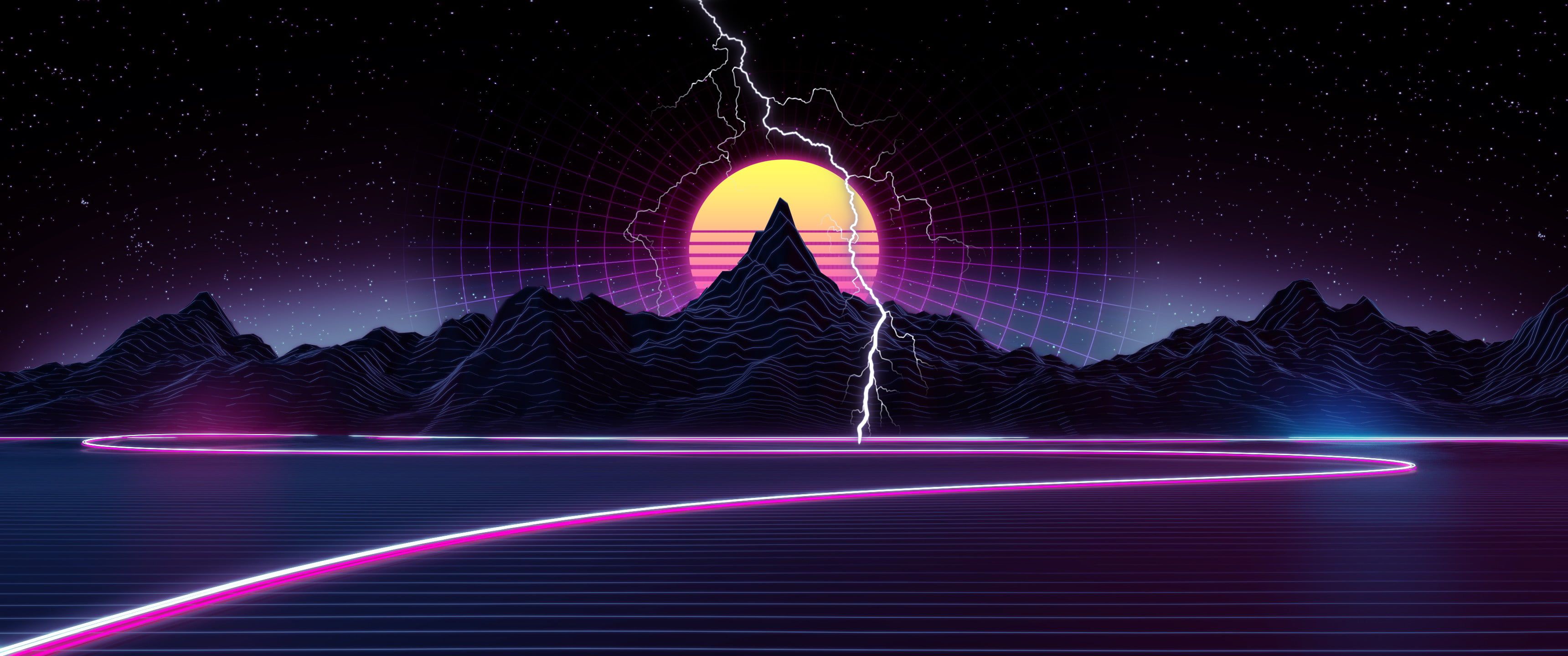[2560x1080] retrowave, synthwave, neon, ultrawide, grid