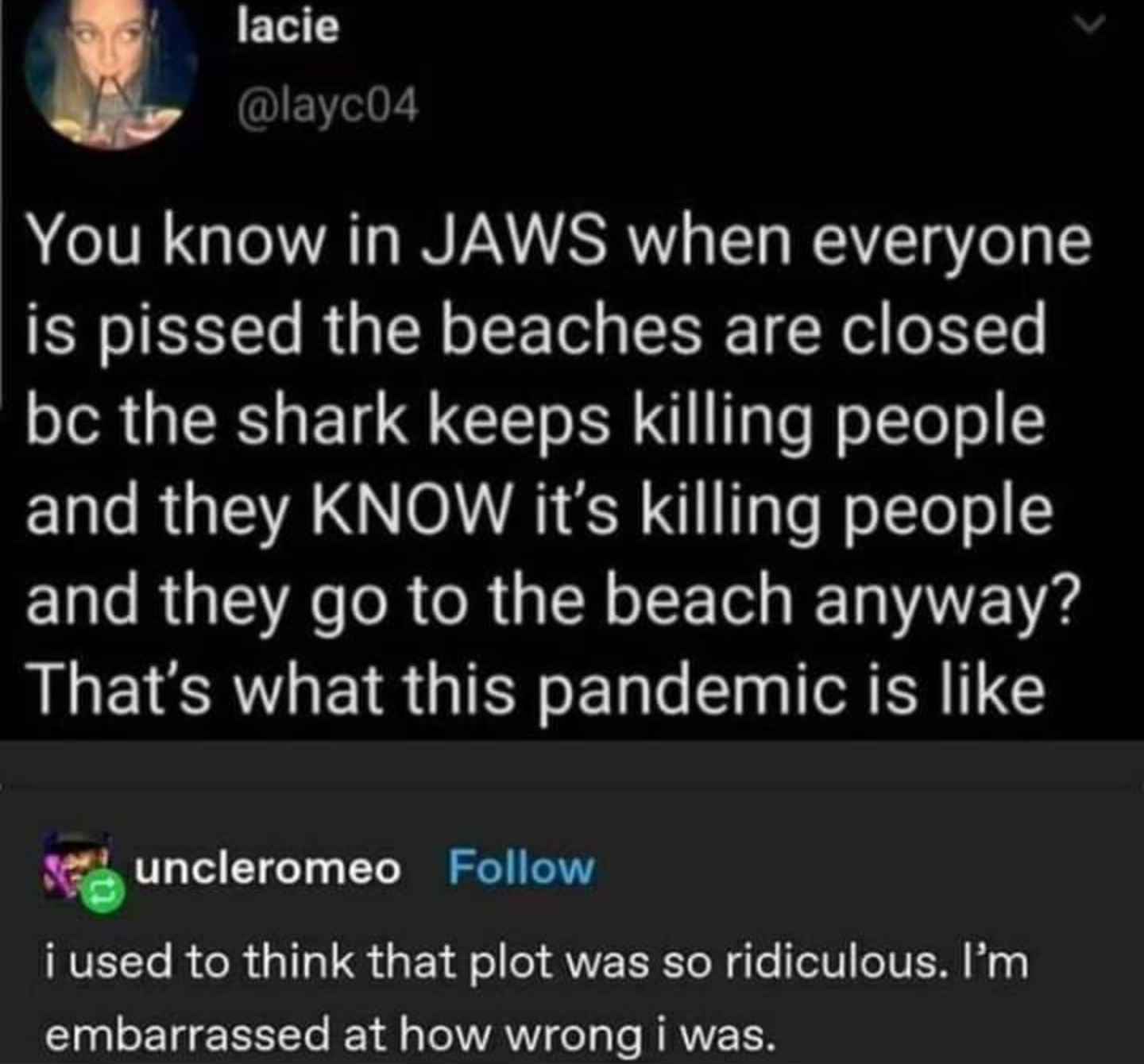 Mayor Vaughn&nbsp;:&nbsp;I'm only trying to say that Amity is a summer town. We need summer dollars. 

Brody&nbsp;:&nbsp;That doesn't mean we have to serve them up as sm&ouml;rg&aring;sbord