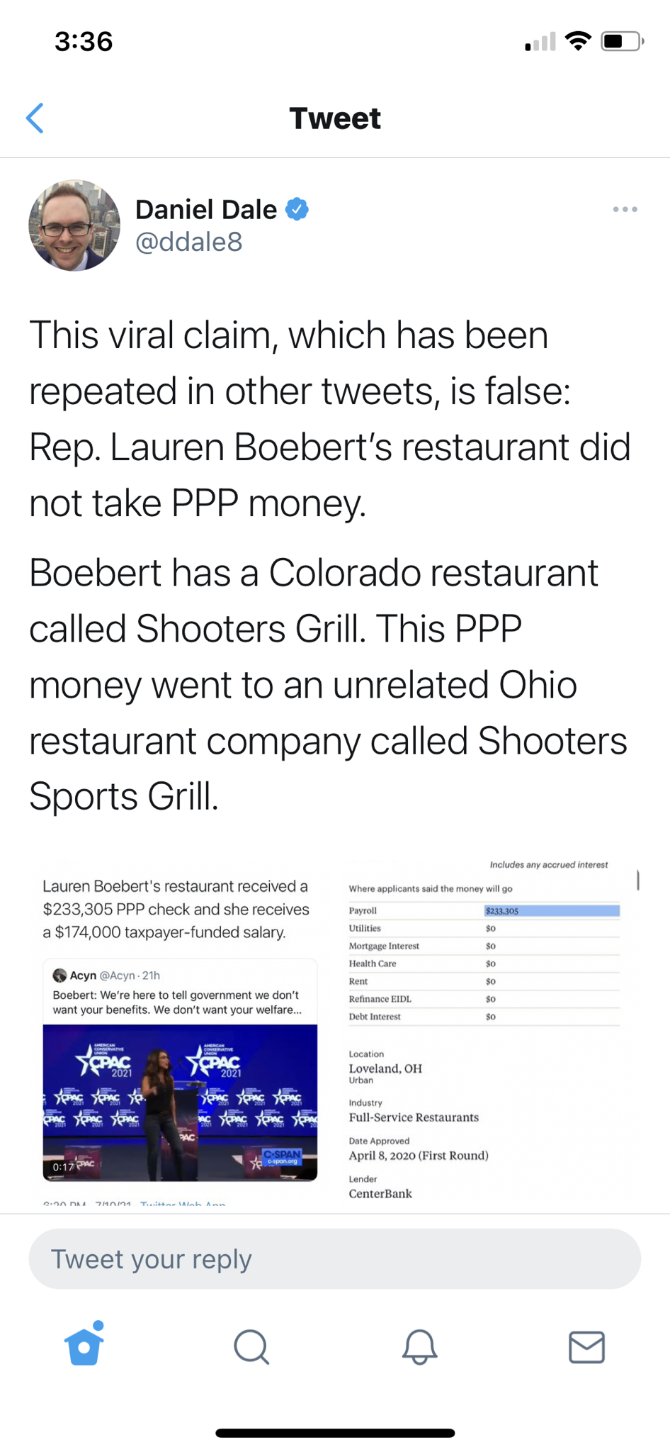Daniel Dale fact checking the claim Lauren Boebert took a PPP loan