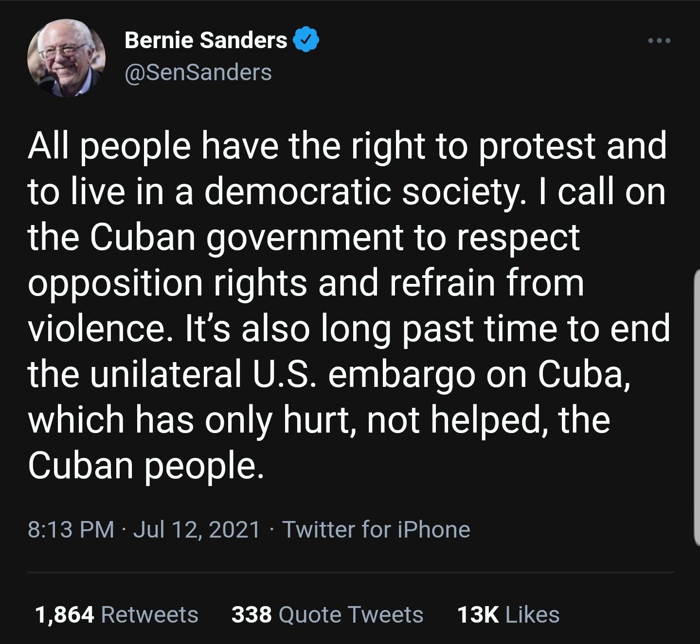 Bernie has always been for the people.  He became the highest profile politician to call for an end to the embargo