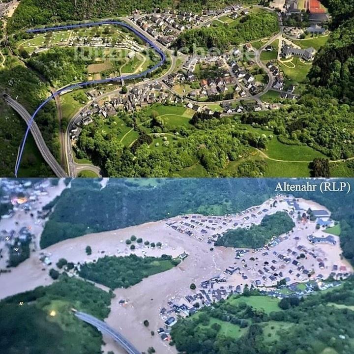 Before and after of Altenahr, Germany.⠀
⠀
Altenahr is one of the many places that have experienced extreme flooding in recent days.