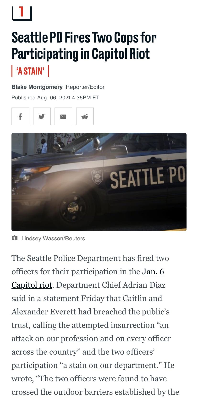 Seattle Police Fire Two Cops for Participating in U.S. Capitol Riot, Jan. 6
