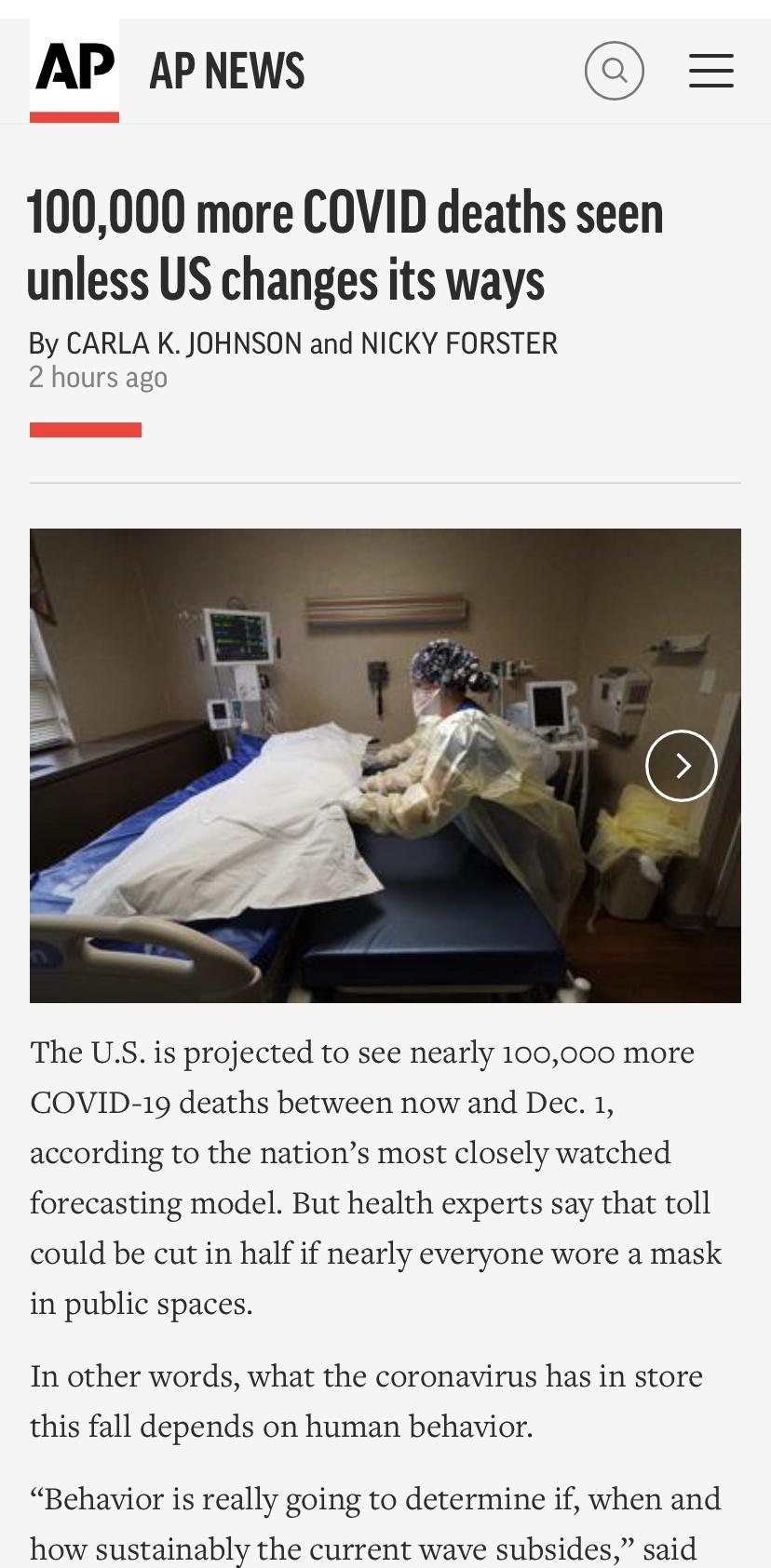 100,000 More U.S. COVID Deaths Projected by Dec 1: Masks, Vaccinations and Social Distancing Can Lessen Death Toll