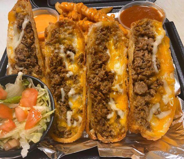 Cheese steak Tacos with Buffalo fries