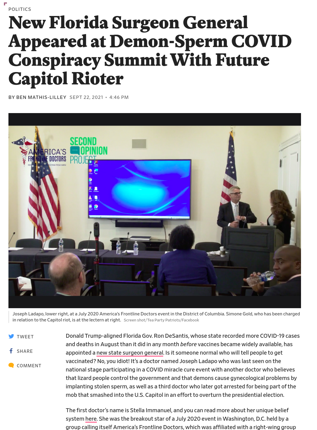 New Florida Surgeon General has ties with "Demon-Sperm" covid-19 conspiracy group.