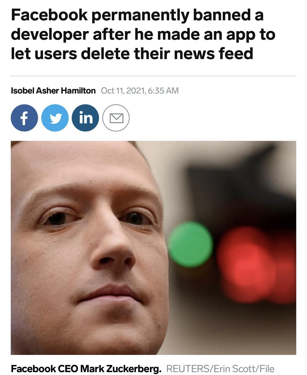 #Politics: Facebook developer finds a way to remove &ldquo;News&rdquo;, permenently banned. Let&rsquo;s be clear, Facebook is not a pro-democracy platform, it&rsquo;s media monopoly. #RegulateFacebook Business Insider https://ift.tt/3Dryjay