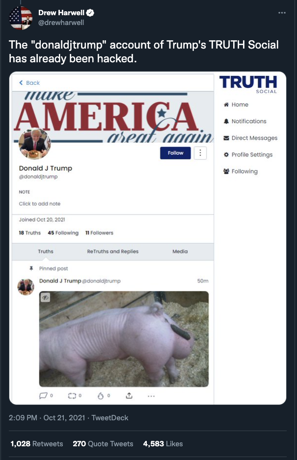 The "donaldjtrump" account of Trump's TRUTH Social has already been hacked