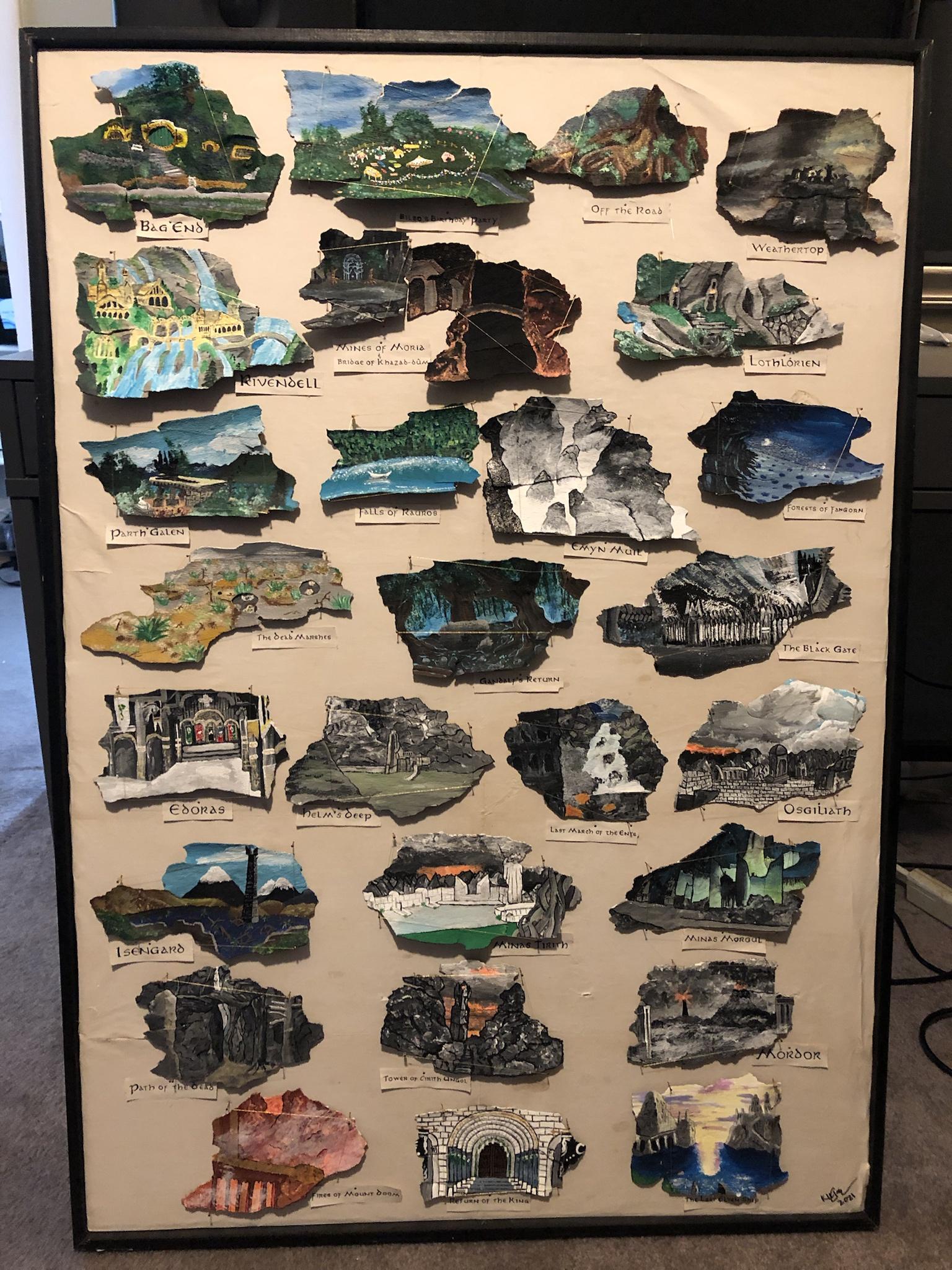 My girlfriend painted the story of Lord of the Rings on pieces of bark