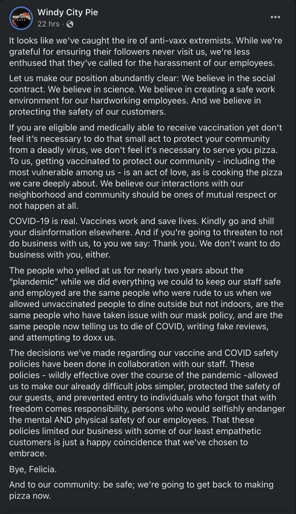 Pizza shop to anti vax/mask crowd: &ldquo;Good day.&rdquo;