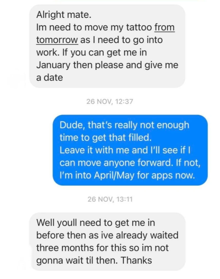 Choosy Beggar wants a tattoo moved