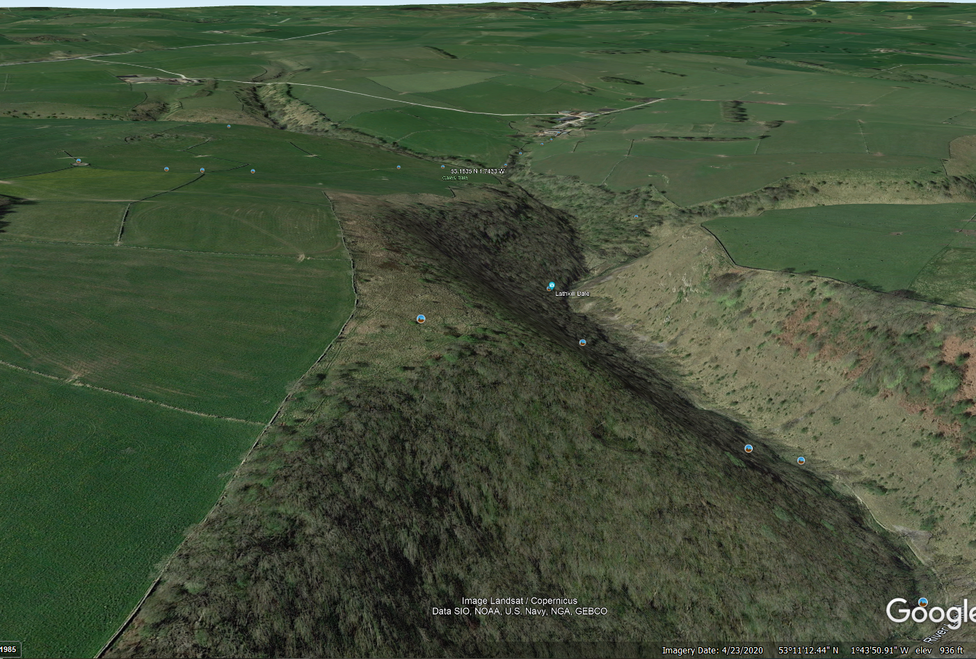 I finally found the exact spot, on Google Earth, where Buttercup pushes Westley down the hill. Lathkill Dale, near Bakewell, Derbyshire, UK.