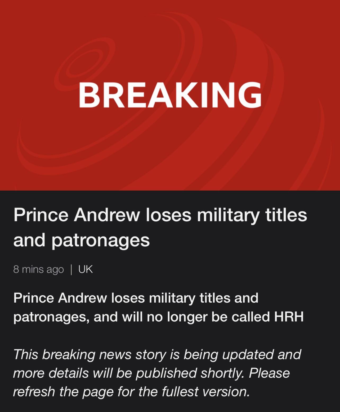 Prince Andrew loses military titles and patronages &mdash; it seems that the crown is protecting itself.