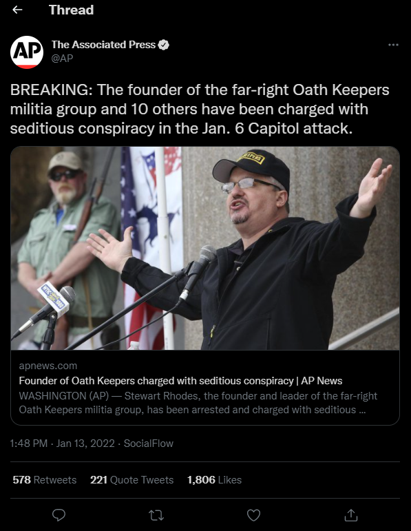 Founder of the Oath Keepers, and 10 others, charged with Sedition in relation to January 6th.