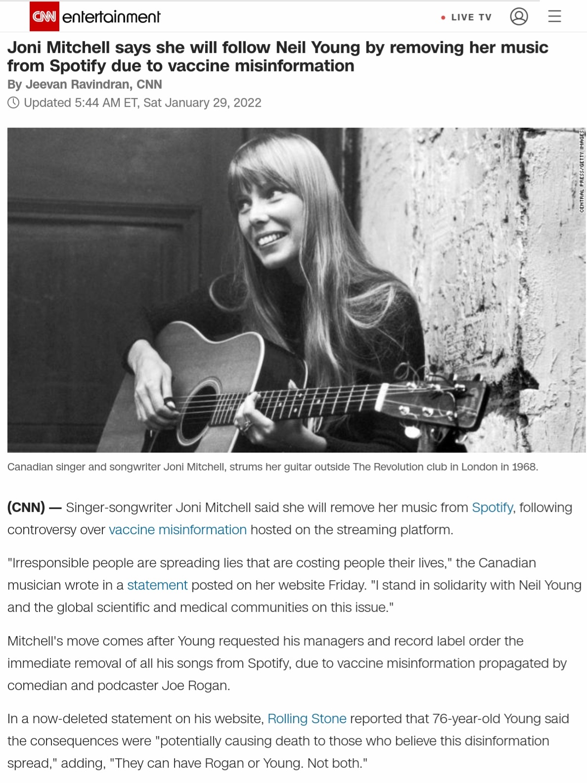 Joni Mitchell says she will follow Neil Young by removing her music from Spotify due to vaccine misinformation