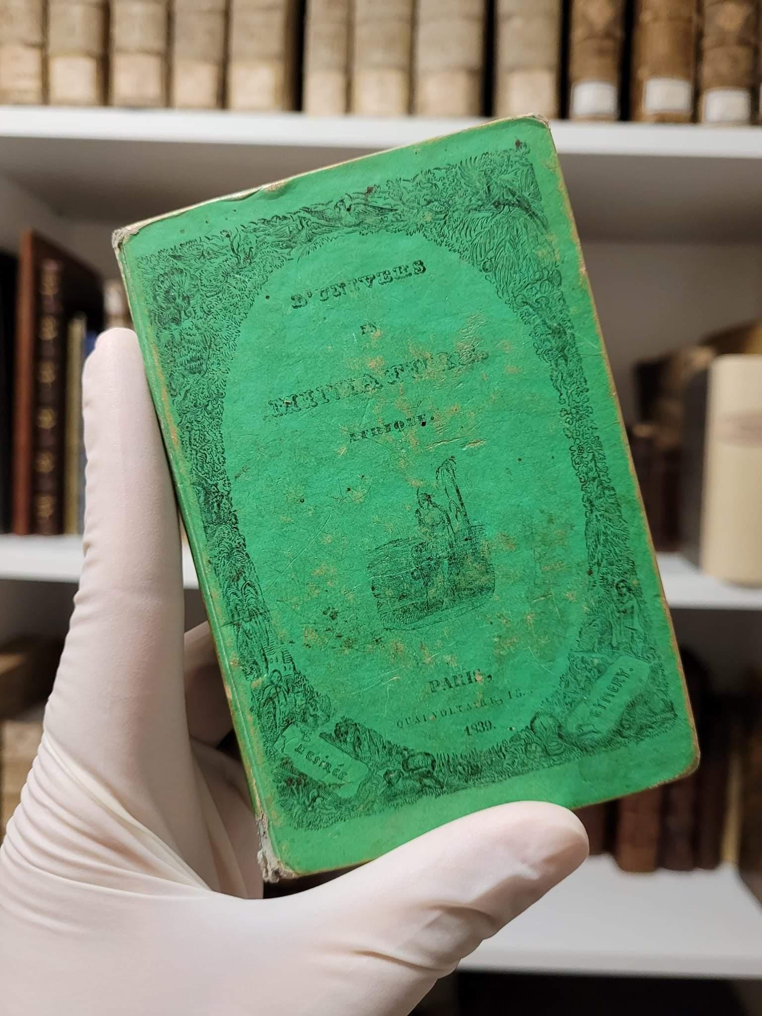 An example of poisonous book binding from 1839. Scheele's Green was used on the cover. Unknown at the time, but it is a highly toxic, arsenic based pigment.