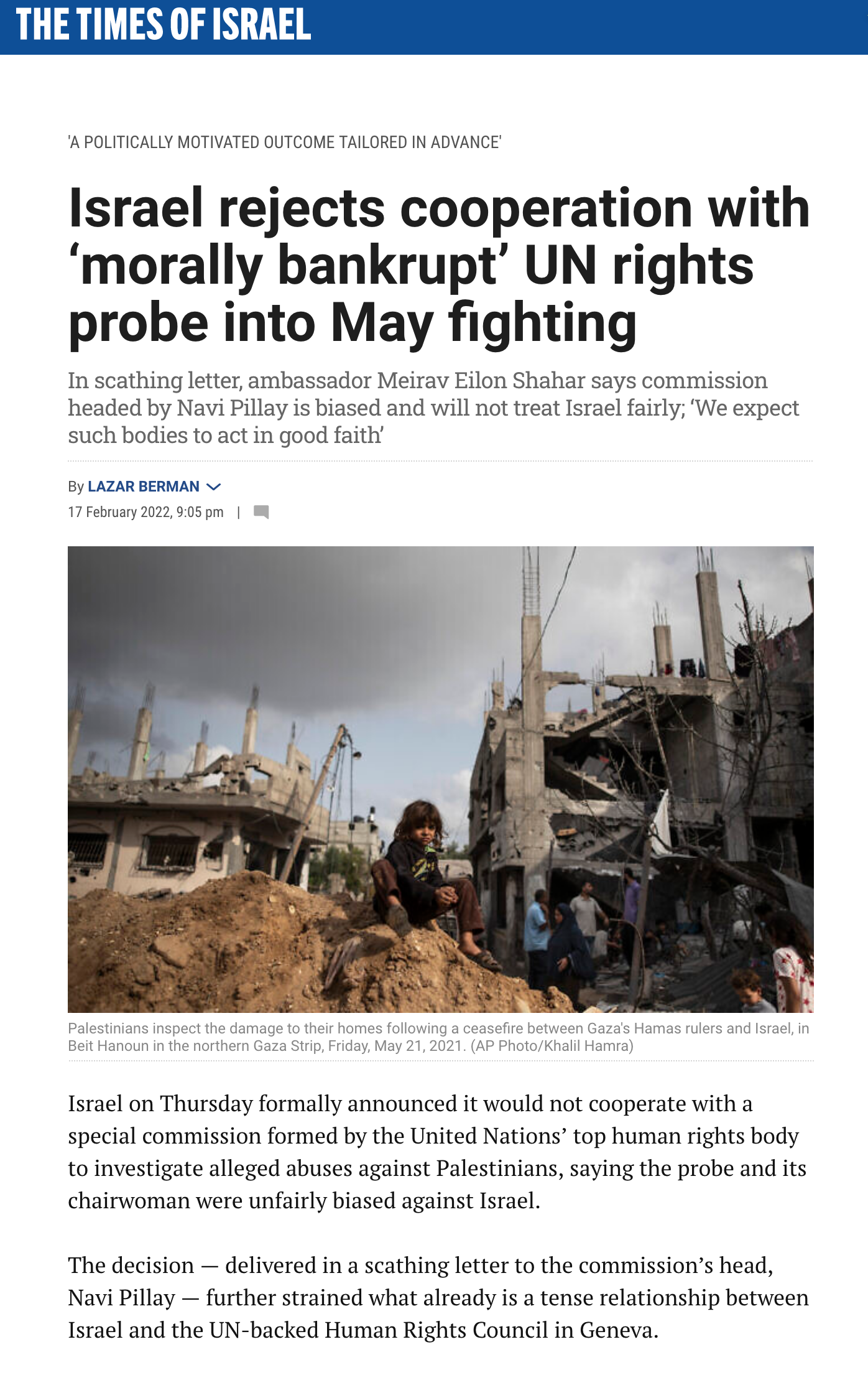 Israel refuses to cooprate with UN Human Rights body, calls it "morally bankrupt"