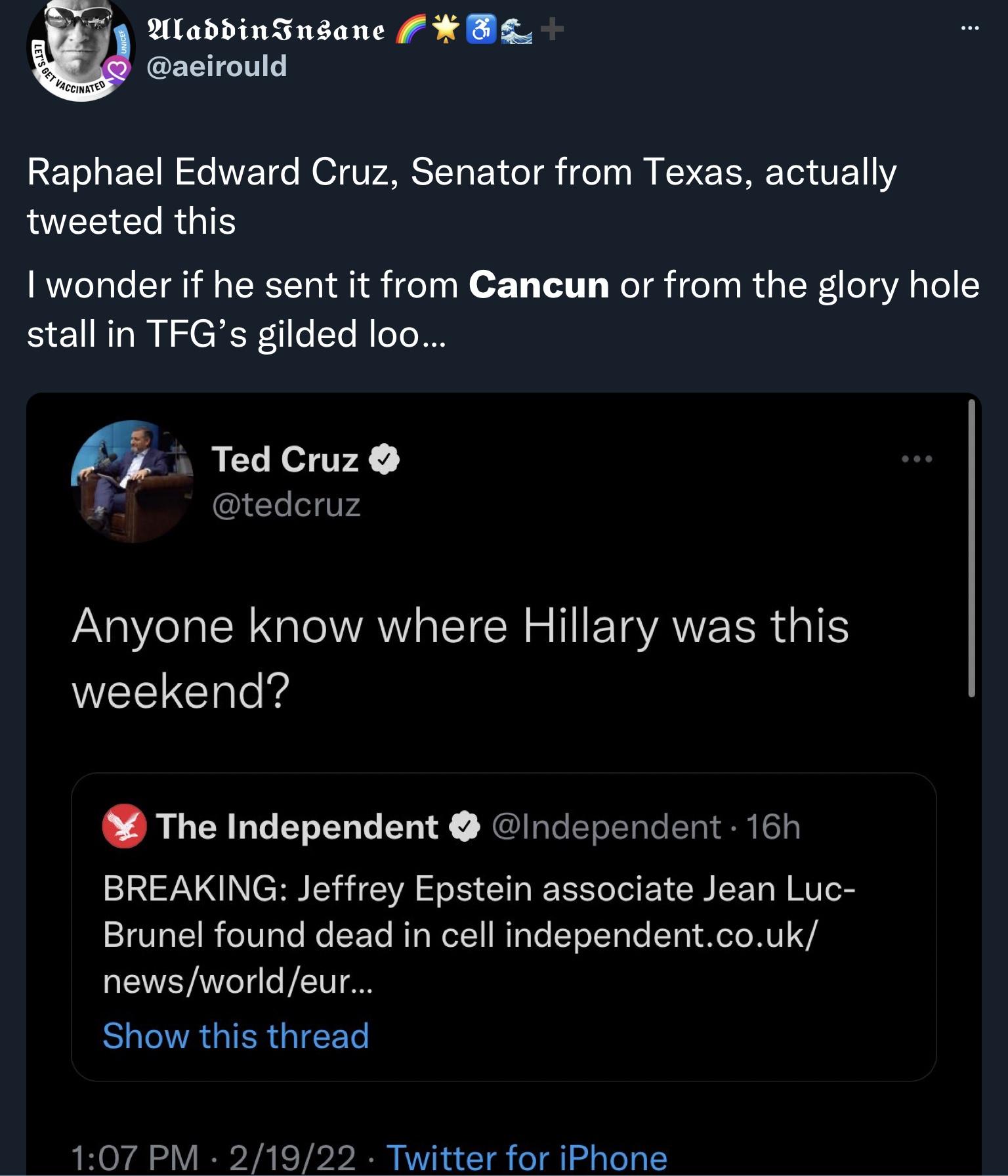 Cancun Cruz wants to know where Clinton is?