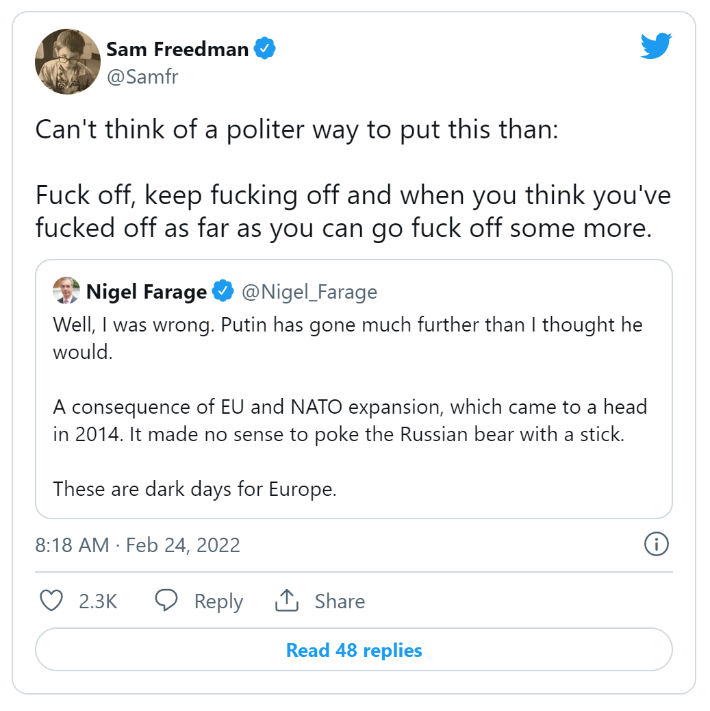 Fucking Nigel Farage ladies and gentlemen - Nice Work Sam!