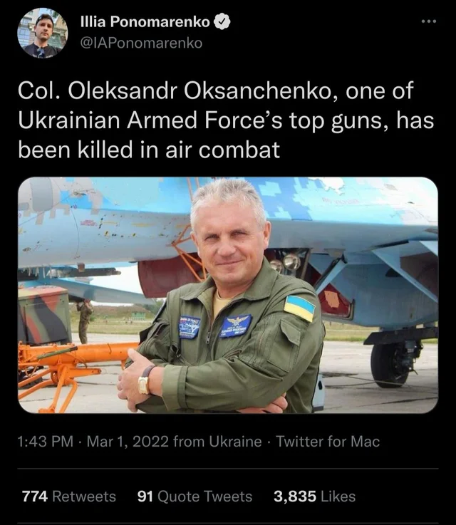Col. Oleksandr Oksanchenko - member of Ukrainian Air force died during the air combat. Fight for freeom, Stand with Ukrainian.