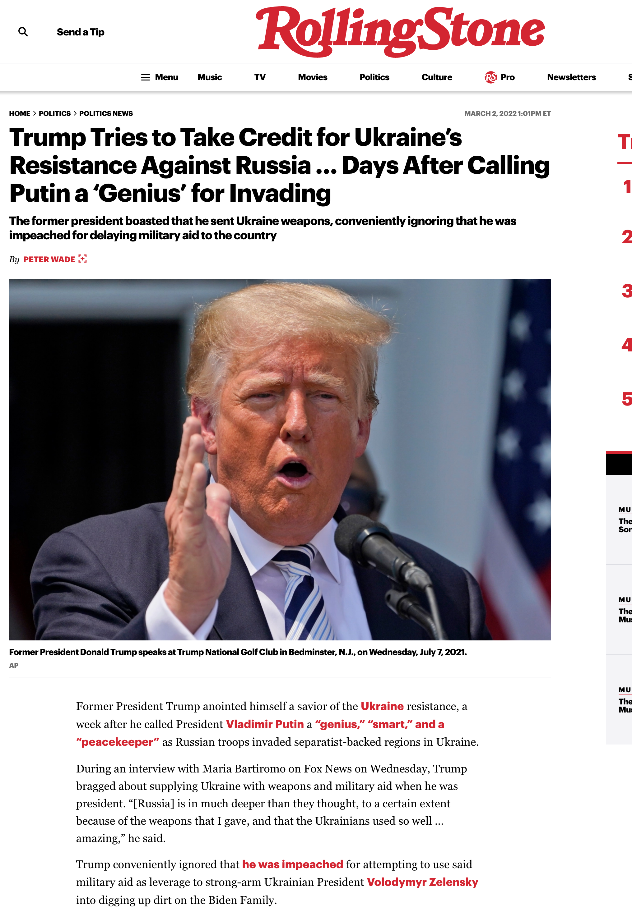 Just a few days after calling Putin "a genius" and a few years after getting impeached for trying to block aid to Ukraine...