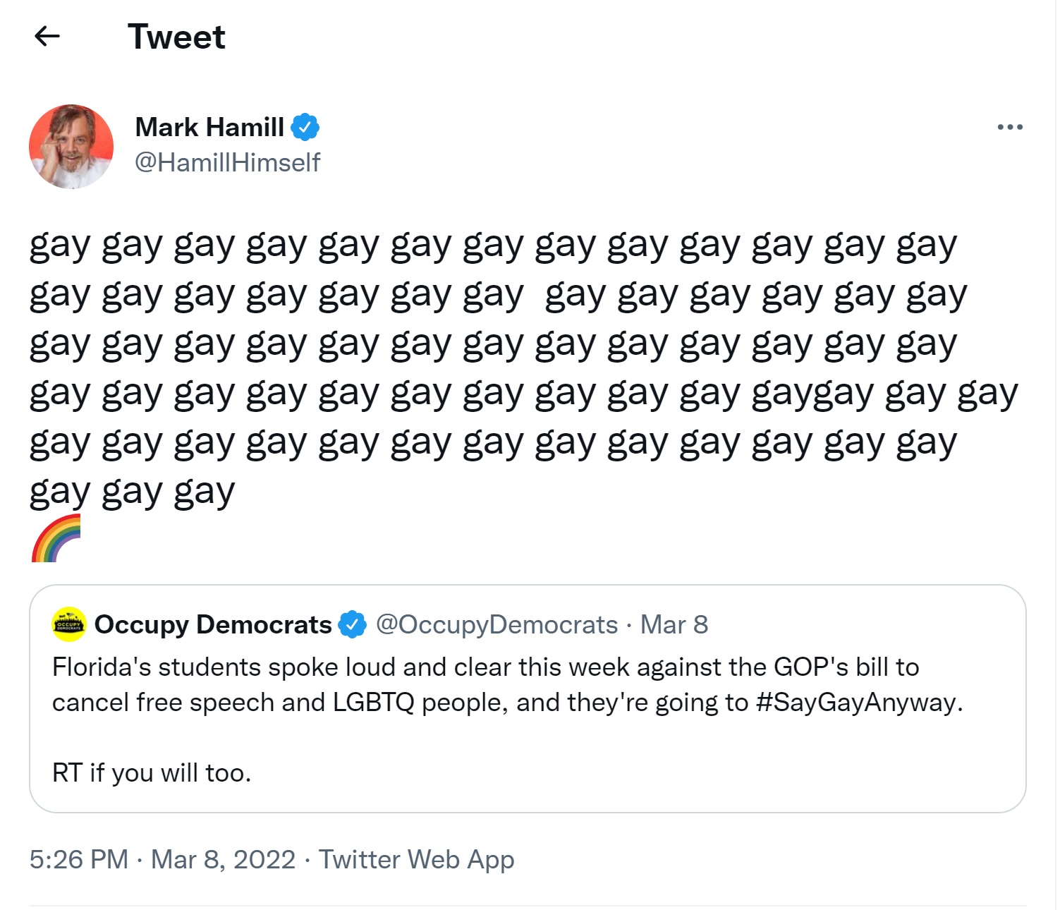 Mark Hamill responds to Florida's "Don't Say gay" bill which was passed by Florida Republicans recently