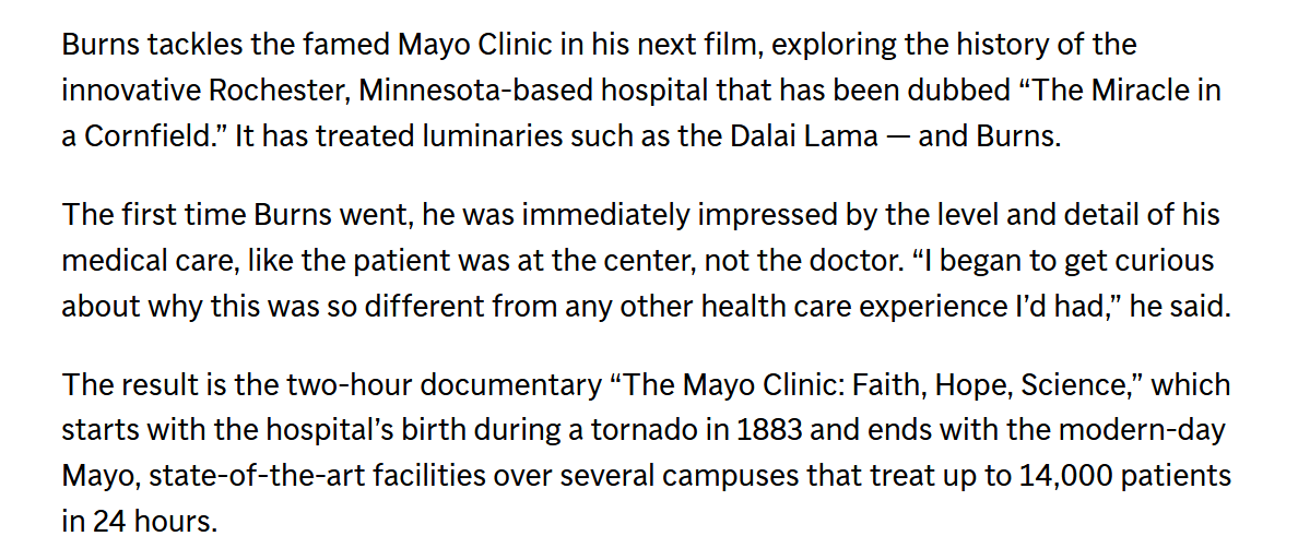 Ken Burns on Mayo Clinic and how it solves many of the problems of money-driven medicine.