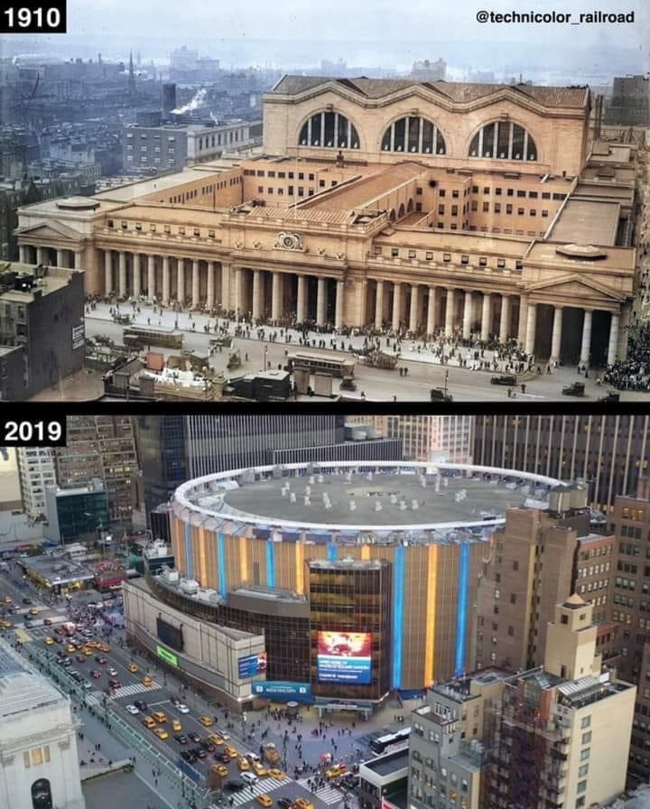 Penn Station In 1910 & Madison Square Garden 2019. Same place 110 years apart. (Colourised).