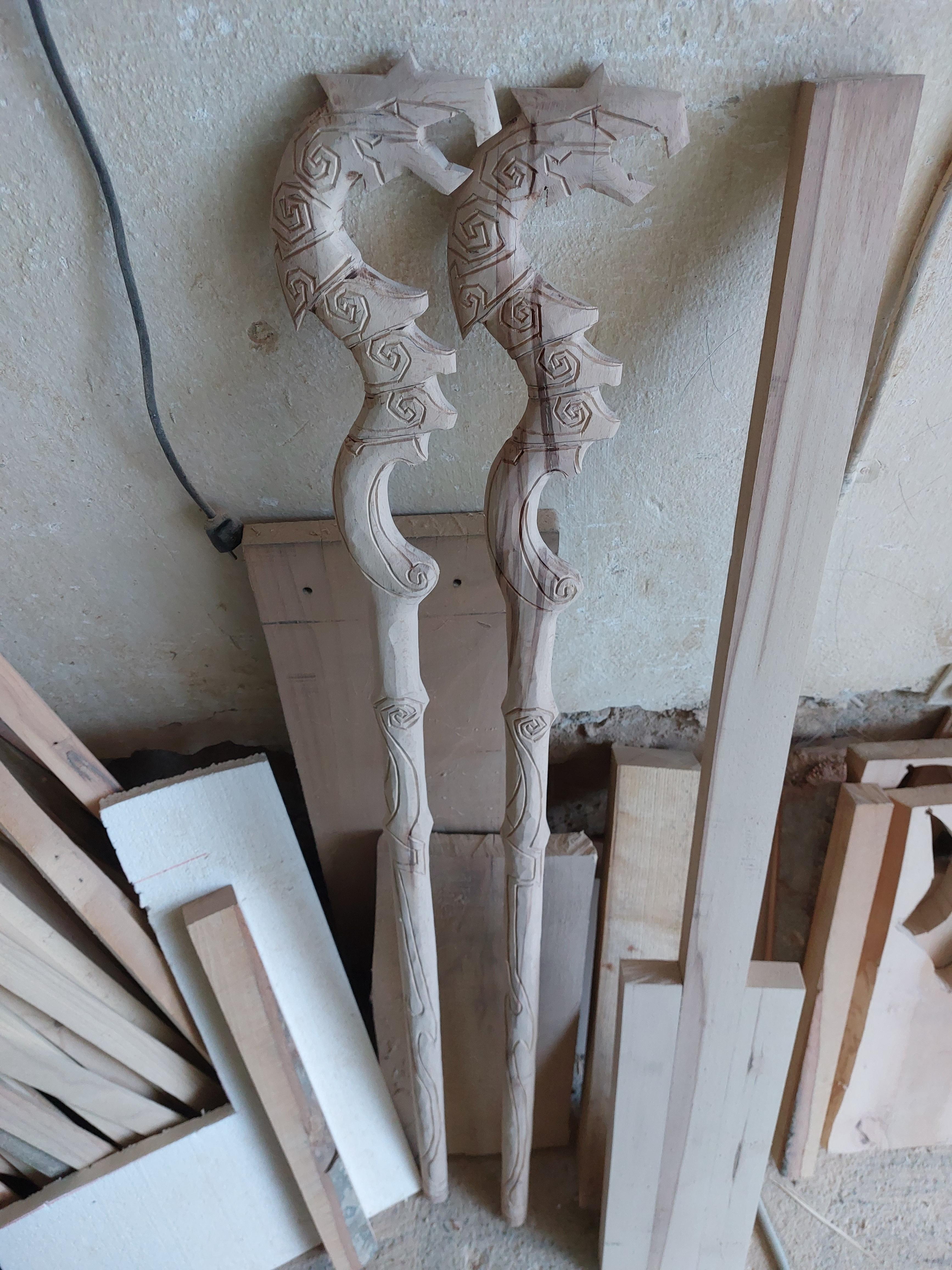 Carving Dragon Priest Staves from Skyrim. Work in progress.