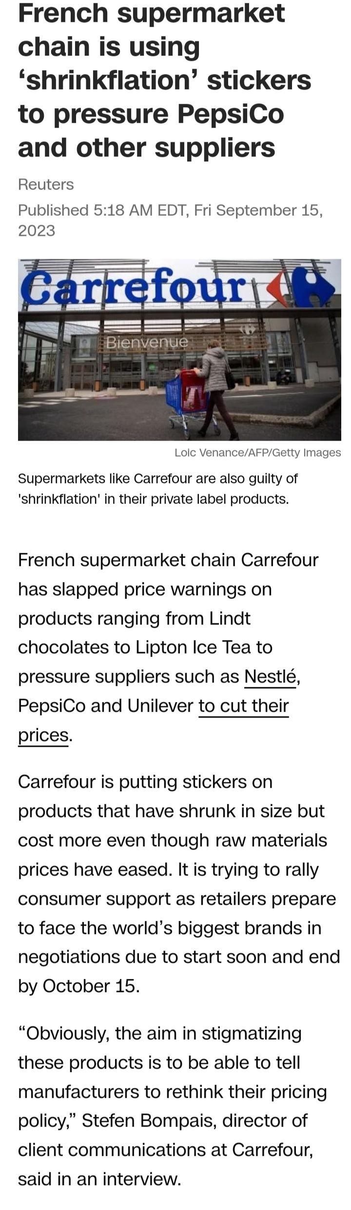 French supermarket chain uses &lsquo;shrinkflation&rsquo; stickers to pressure PepsiCo and other suppliers
