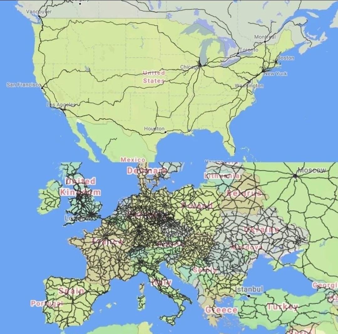 Passenger rail lines - North America vs. Europe