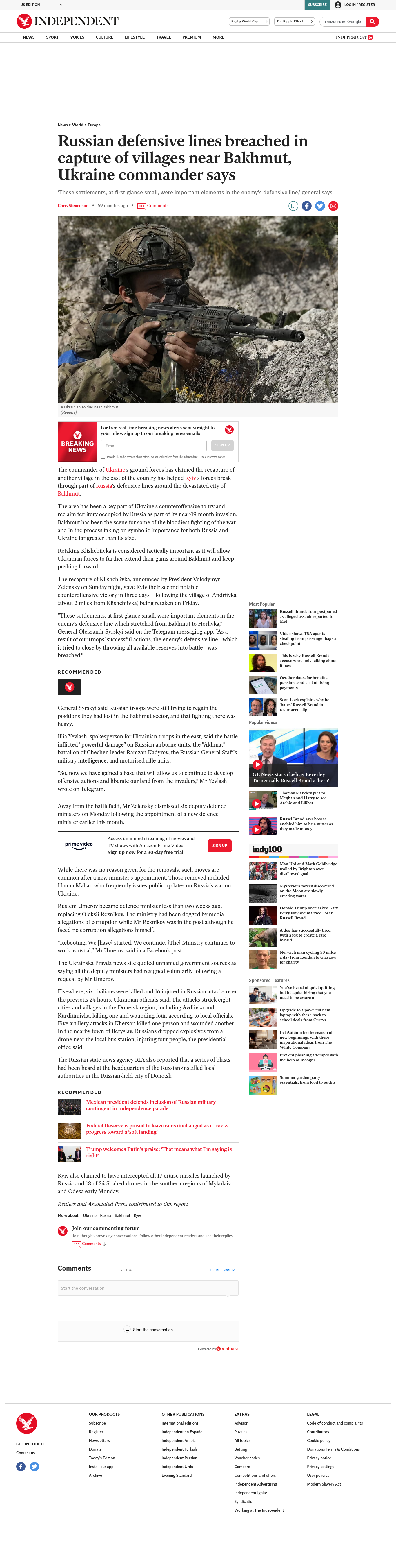 Russian defensive lines breached in capture of villages near Bakhmut, Ukraine commander says - Російські оборонні рубежі прорвалися під час захоплення сіл під Бахмутом, &ndash; командувач Україною