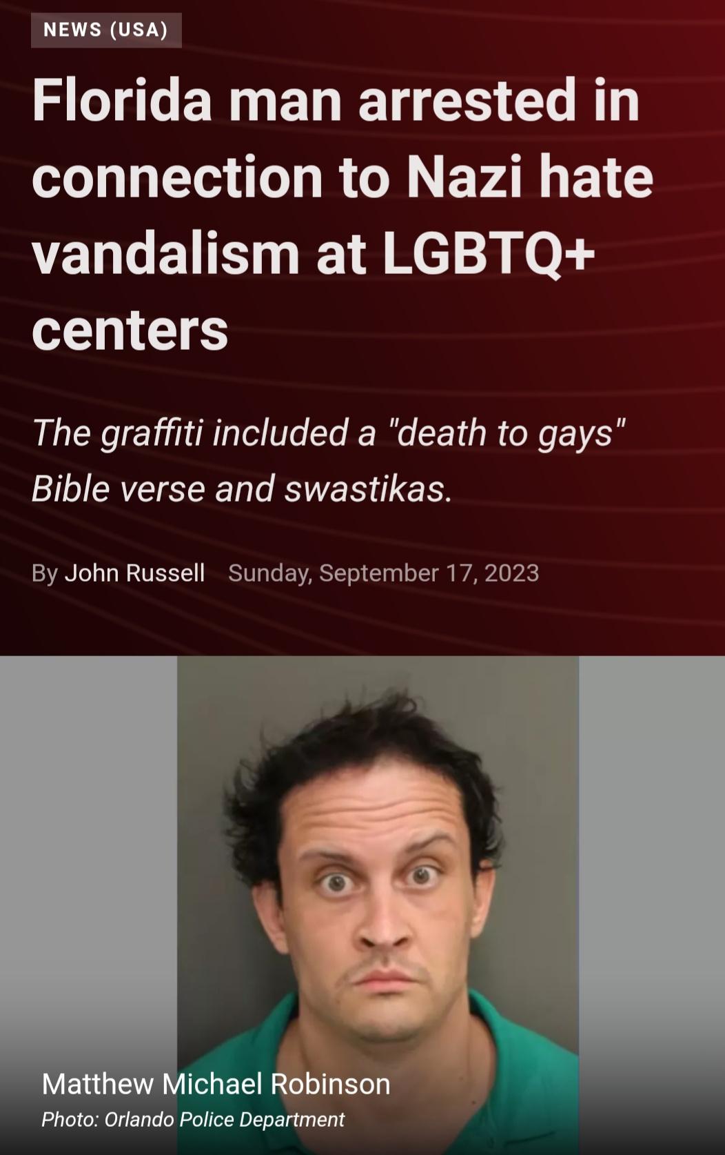 Florida man arrested in connection to Nazi hate vandalism at LGBTQ+ centers