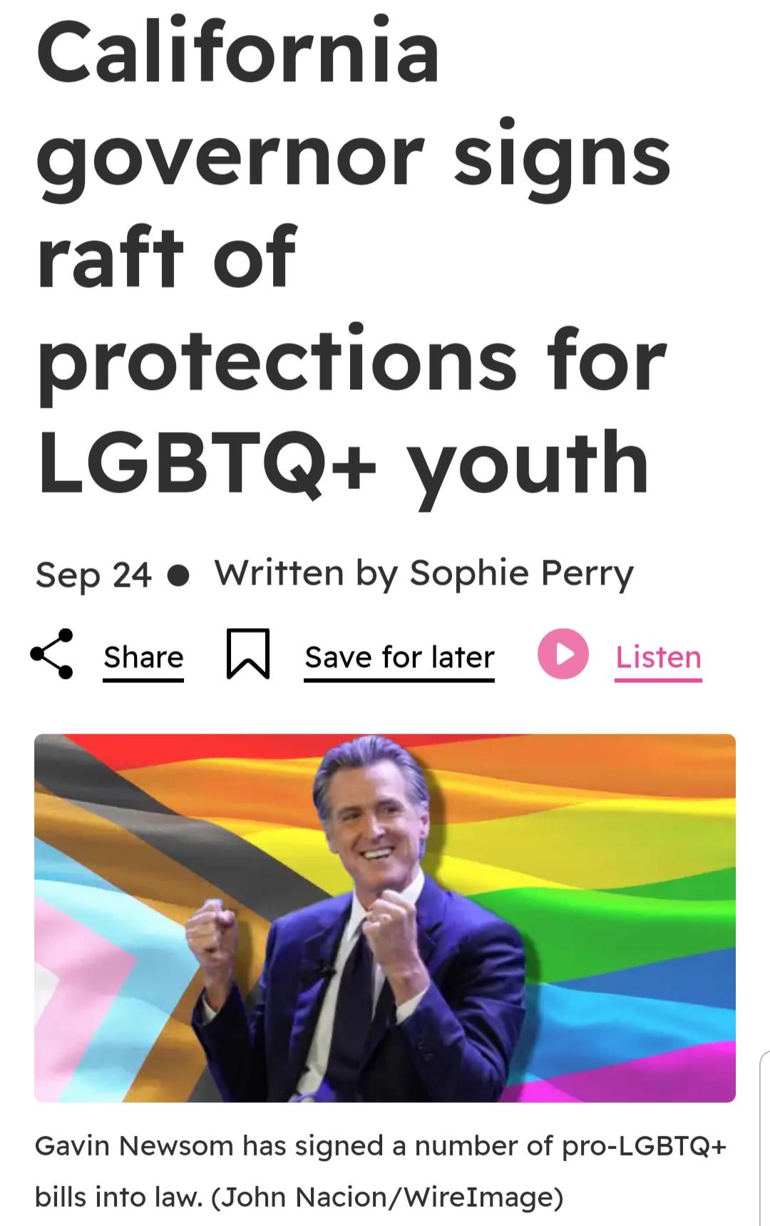 California governor signs raft of protections for LGBTQ youth