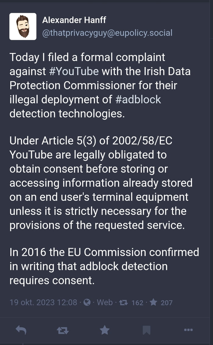 Youtube's adblock detection might be against EU laws