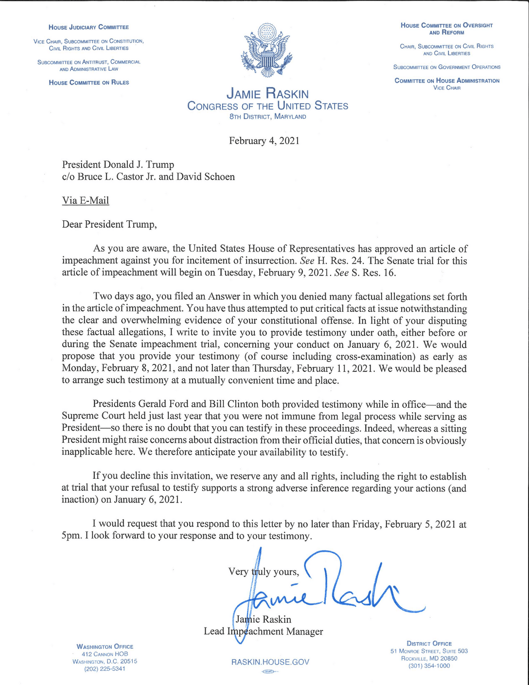 Dear trumpy, you got no excuse to not testify, and let me rub your nose in it in paragraph three...