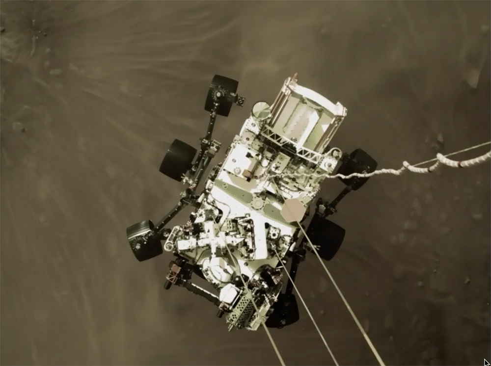 Image From Sky Crane As It Lowered Perseverance Rover Onto The Surface Of Mars