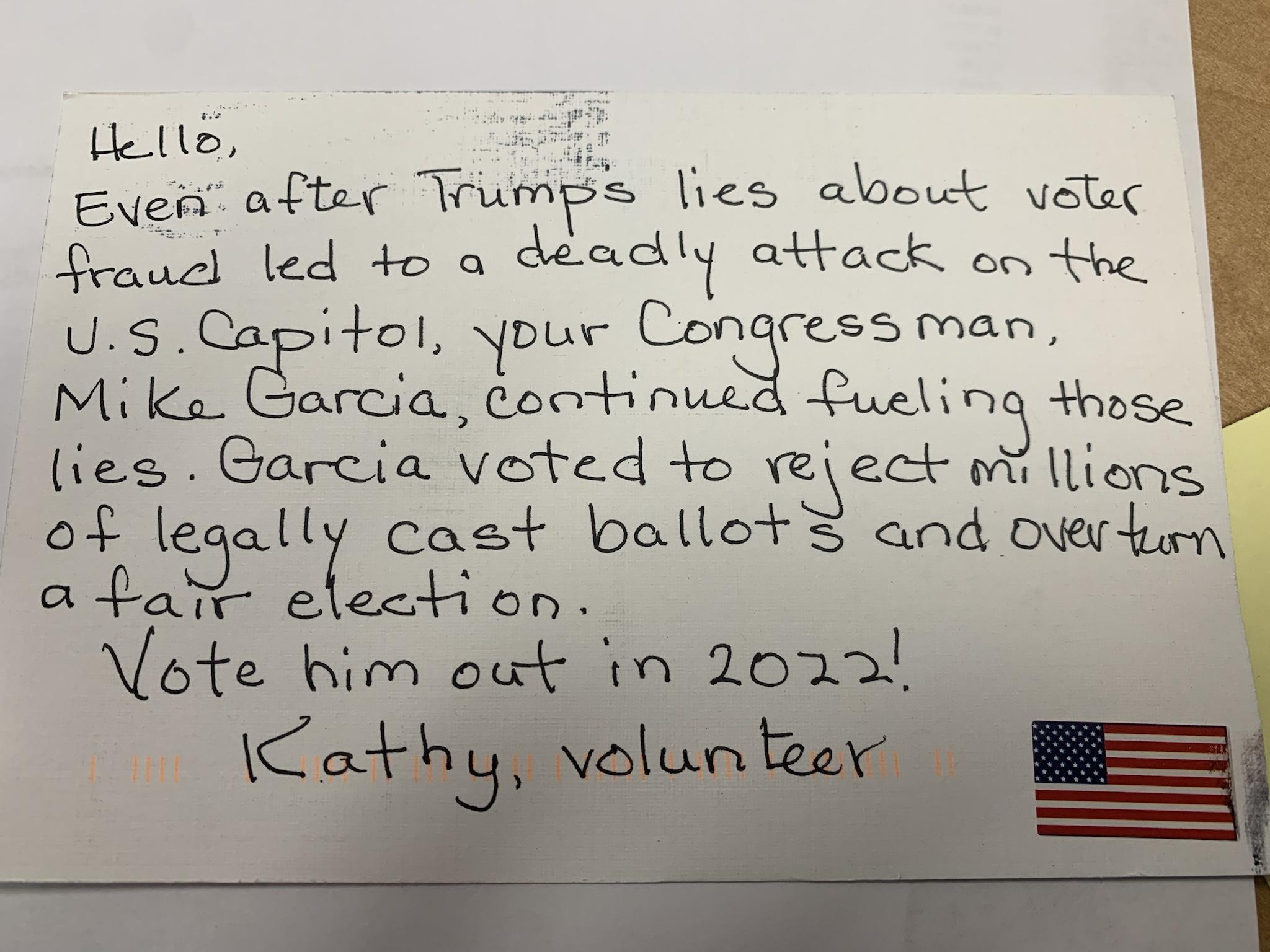 Volunteer postcard calls out Congressman Mike Garcia.