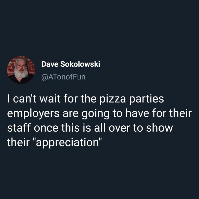 yay pizza! like we're 12! for risking our lives...