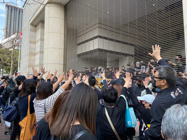 Hundreds show support at West Kowloon Court house for the 47 democratic Hong Kong activists appearing in court yesterday.