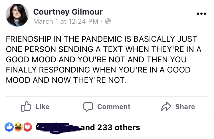 Friendship in the pandemic be like