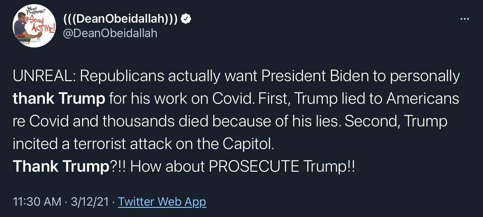 “Thank trump” is trending on Twitter￼ in reaction to Republican demand Biden do so. Some of the resulting material is gold, so speaks to our disgust and grief.
